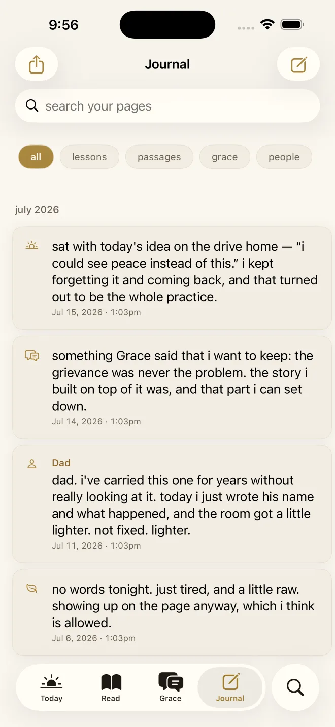The private journal in Holy Instant, with saved pages, forgiveness threads, search, dictation, and export controls.