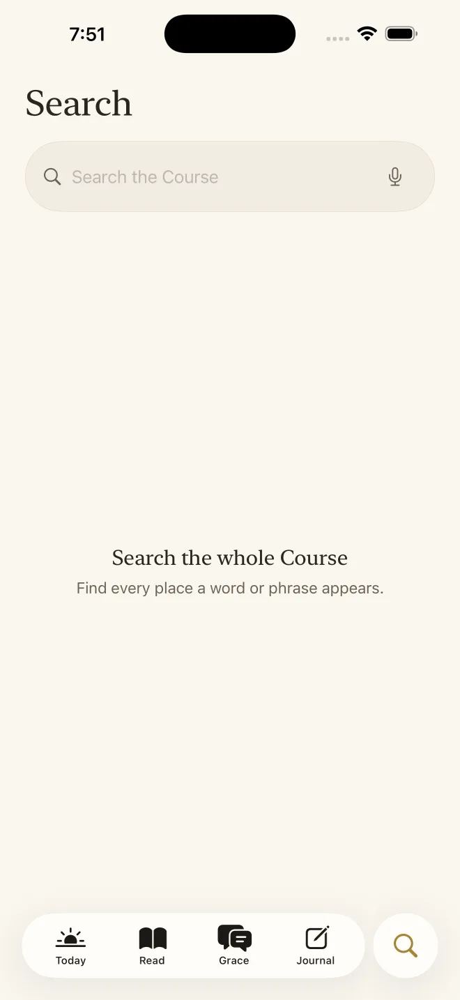 Holy Instant search, with a search field and matching passages from throughout A Course in Miracles.