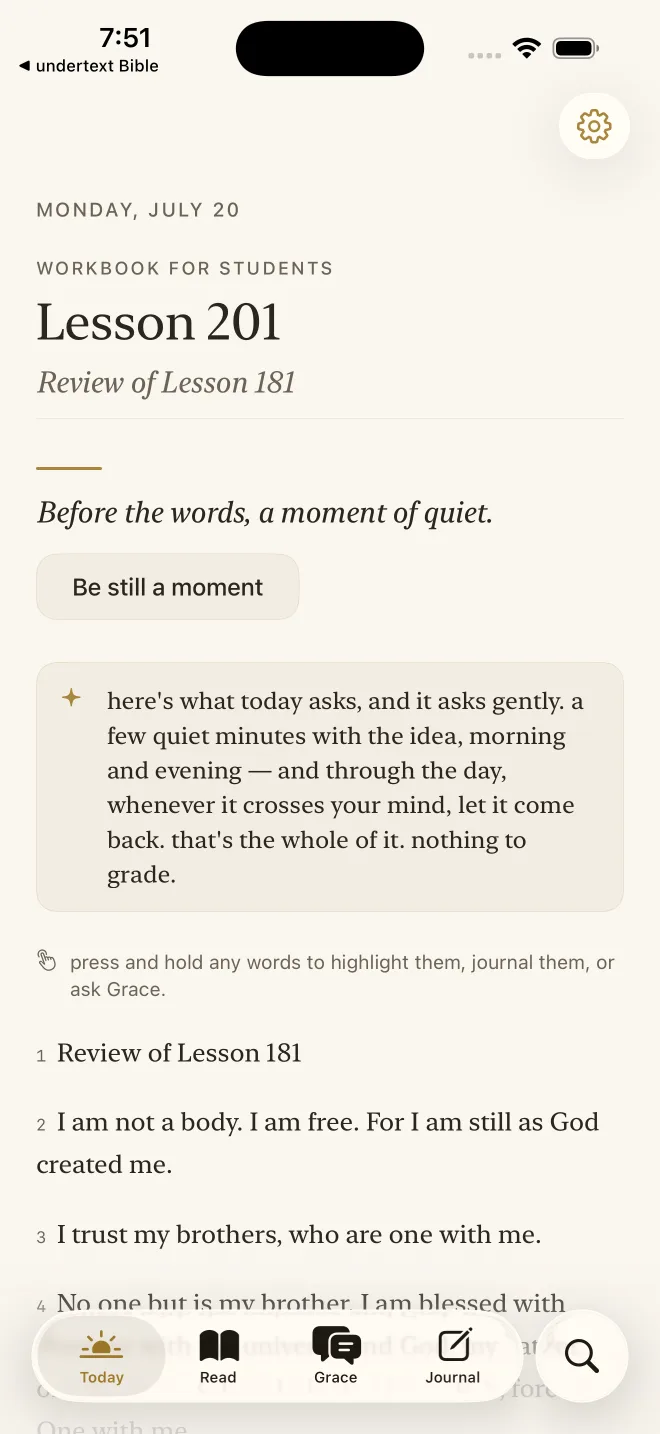 Today's Workbook lesson in Holy Instant, with the lesson idea, a quiet practice invitation, and the Course text below.